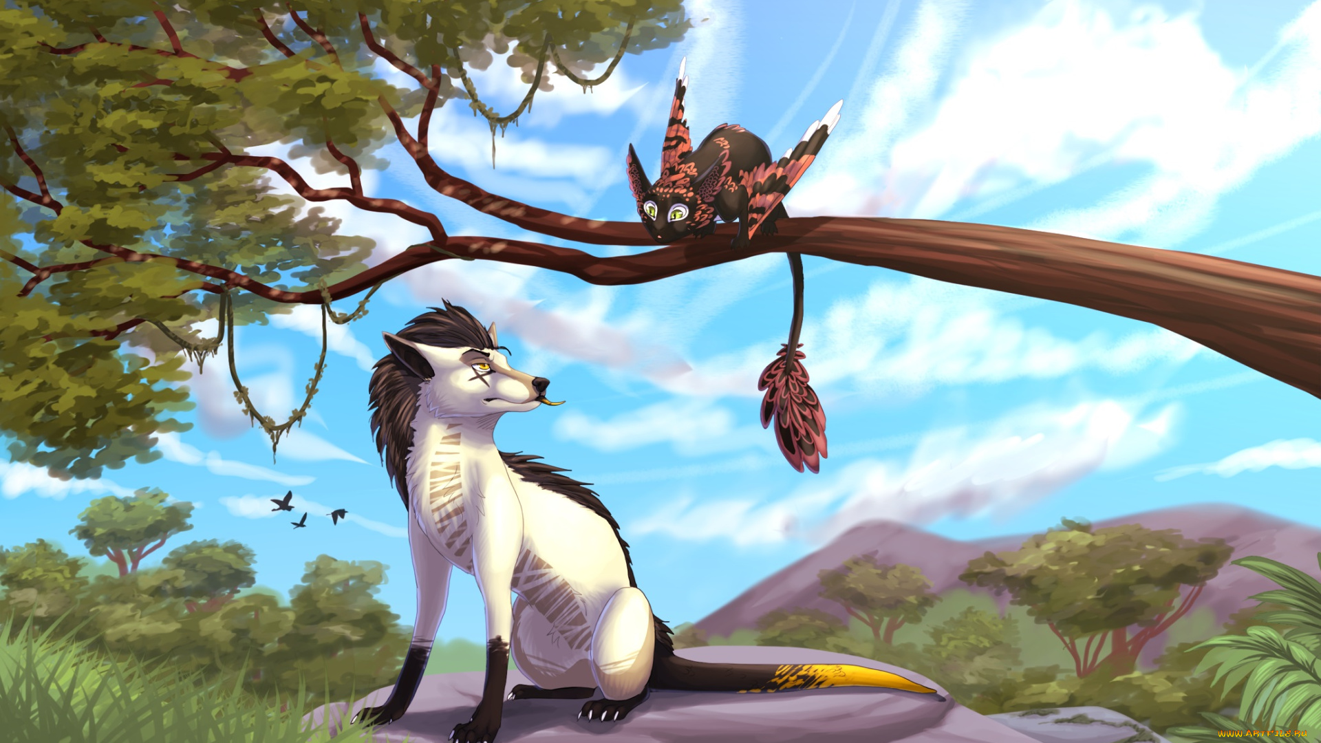 рисованные, животные, сказочные, мифические, ветка