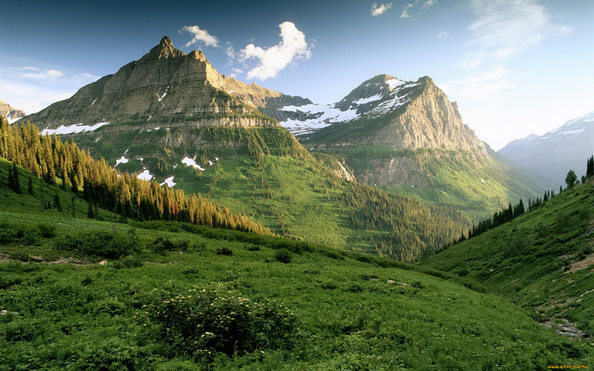 природа, горы, пики, долина, леса, луга