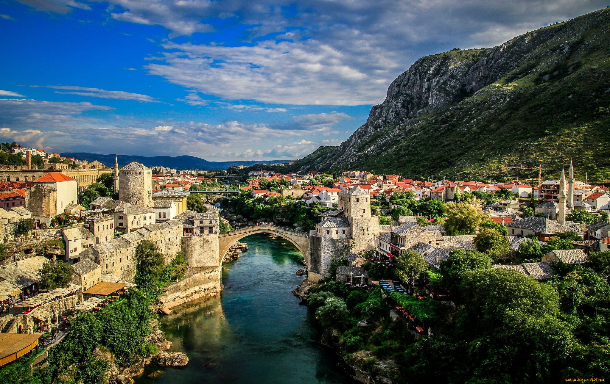 река, bosna, hercegovina, города, мостар, босния, герцеговина, старый, мост, и, i, mostar, горы, неретва