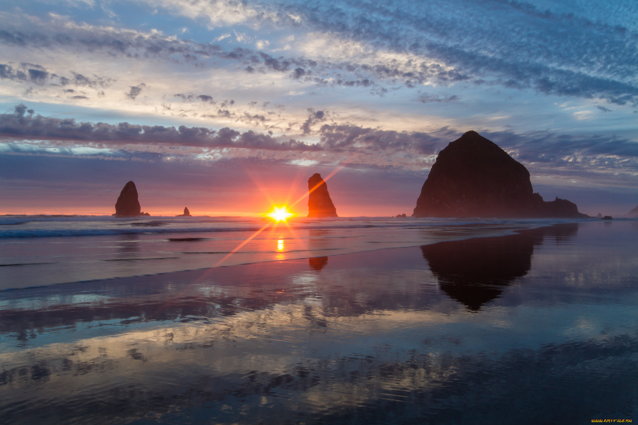 haystack, rock, cannon, beach, oregon, природа, восходы, закаты, pacific, ocean, тихий, океан, орегон, скалы, закат, побережье