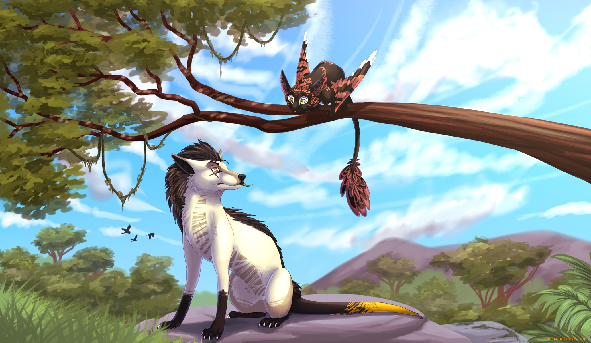 рисованные, животные, сказочные, мифические, ветка