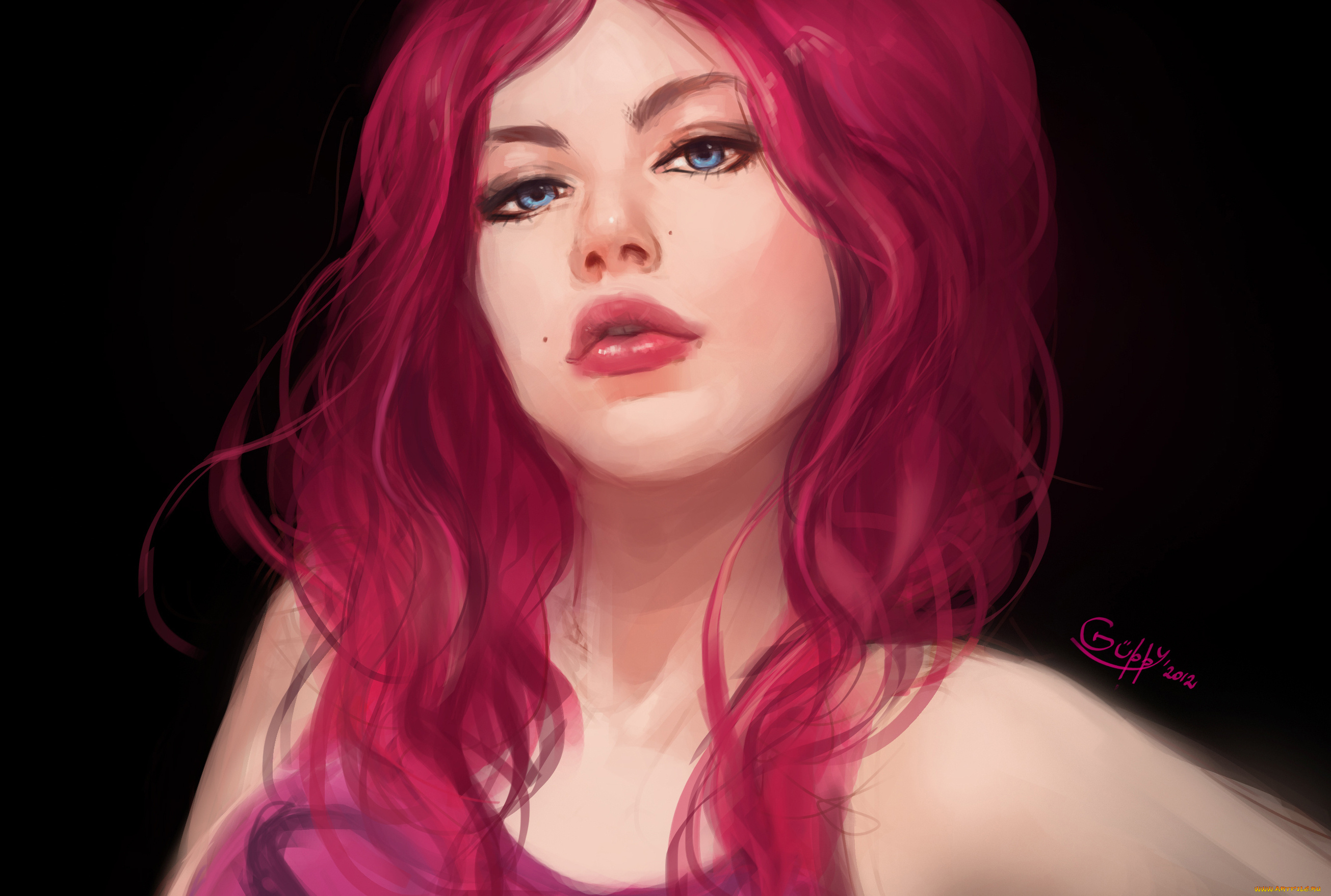 рисованные, люди, взгляд, красные, волосы, черный, фон, губы, голубые, глаза, лицо, девушка