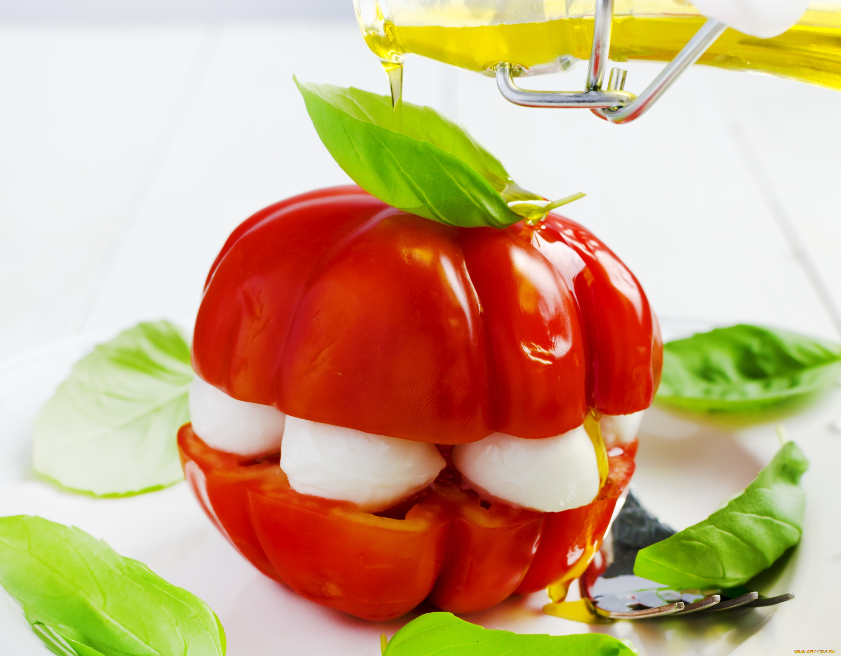 еда, перец, базилик, моцарелла, оливковое, масло
