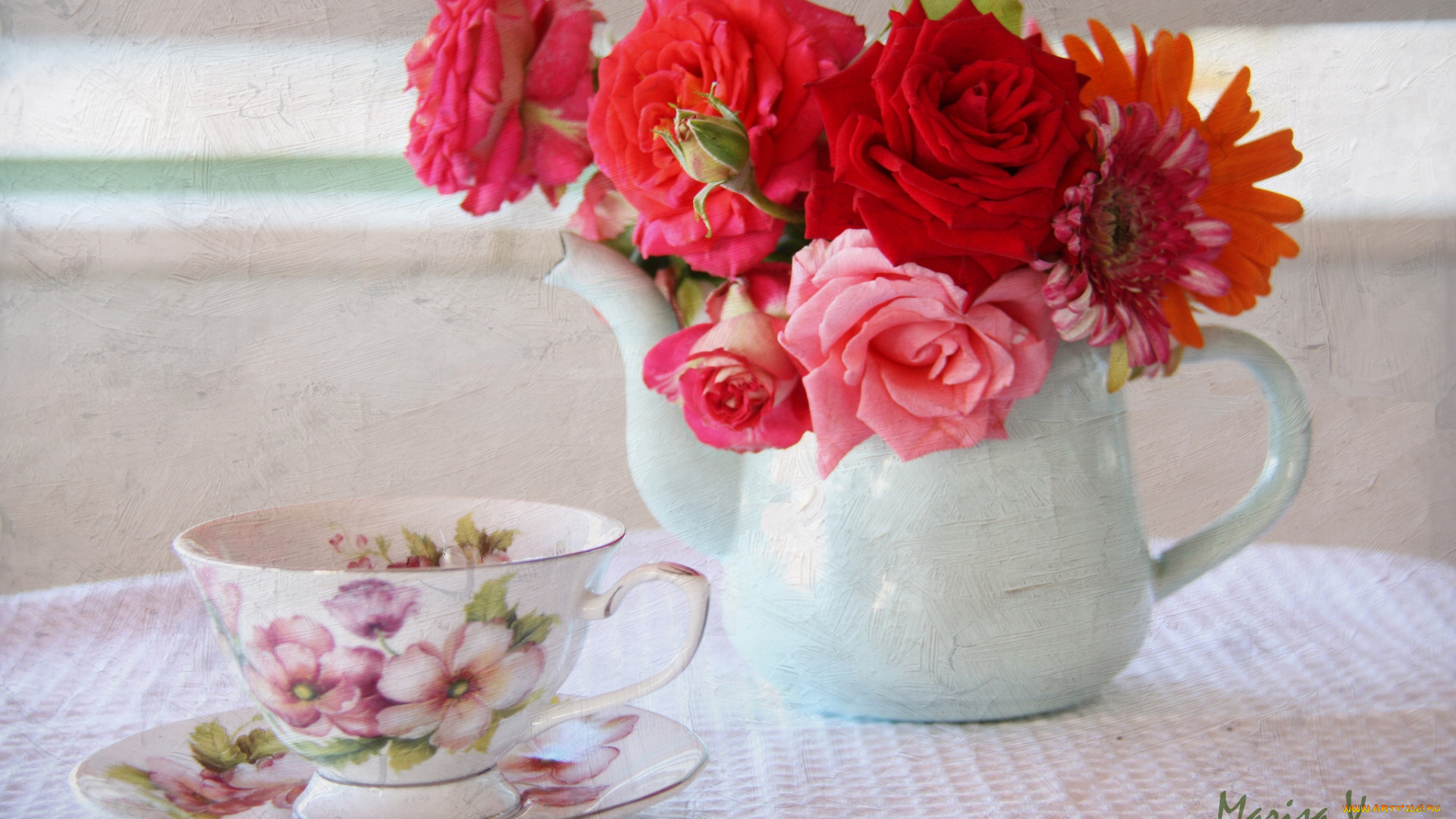 цветы, разные, вместе, розы, гербера, чашка