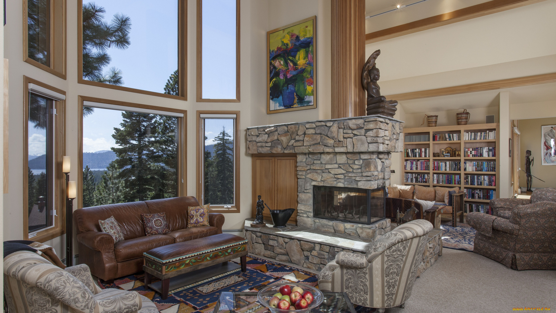 интерьер, гостиная, окно, камин, кресло