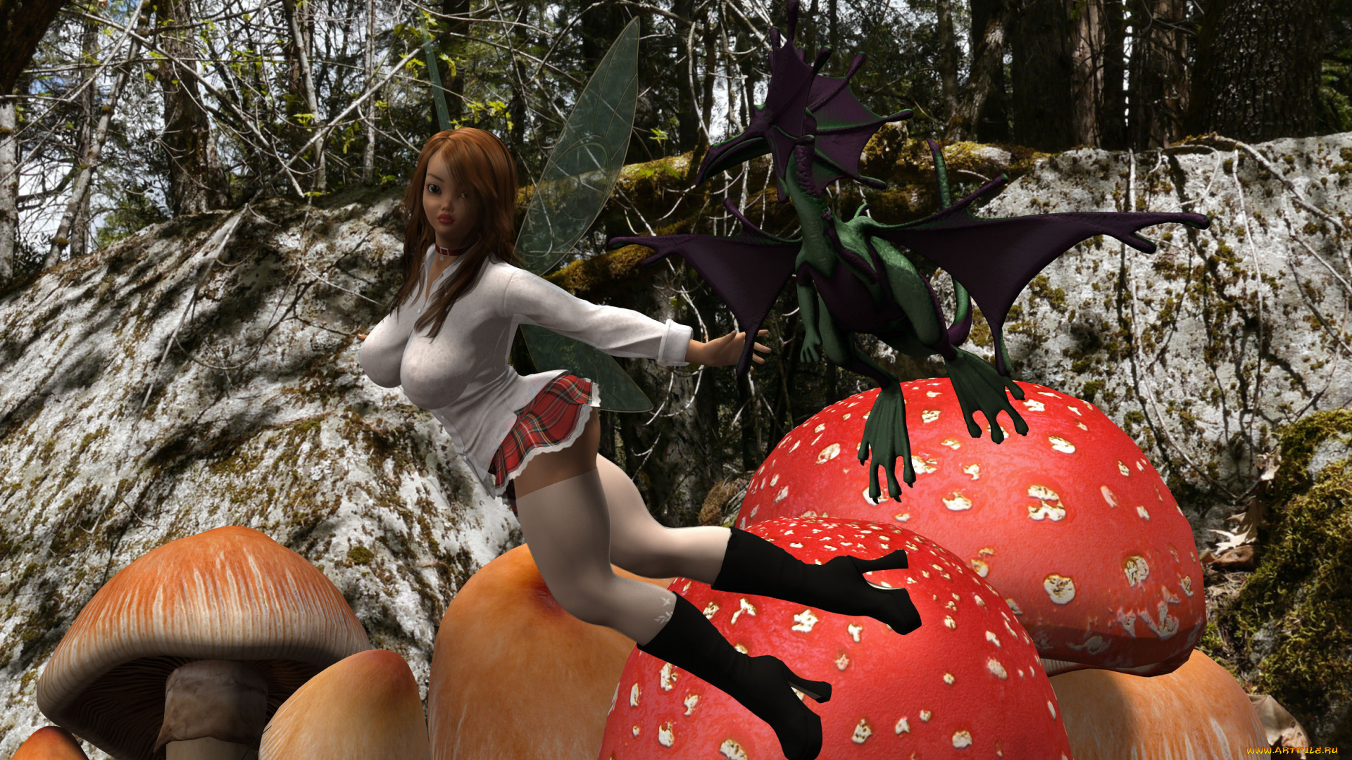 3д, графика, эльфы, , elves, грибы, дракон, полет, фон, взгляд, фея