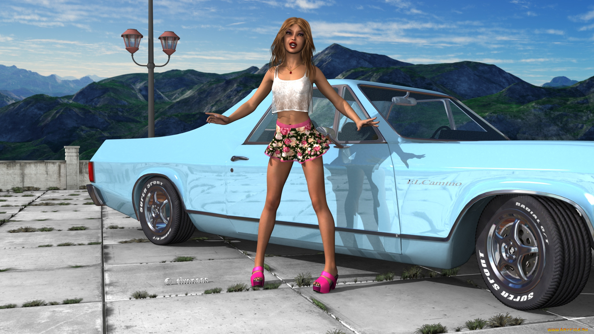 автомобили, 3d, car&girl, автомобиль, взгляд, фон, девушка