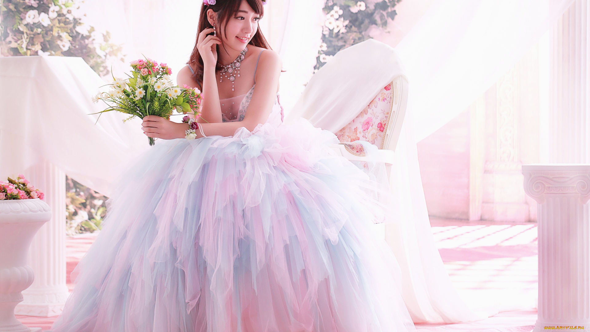 девушки, -unsort, , азиатки, букет, украшения, ожерелье, платье, свадьба, азиатка, невеста, девушка, цветы