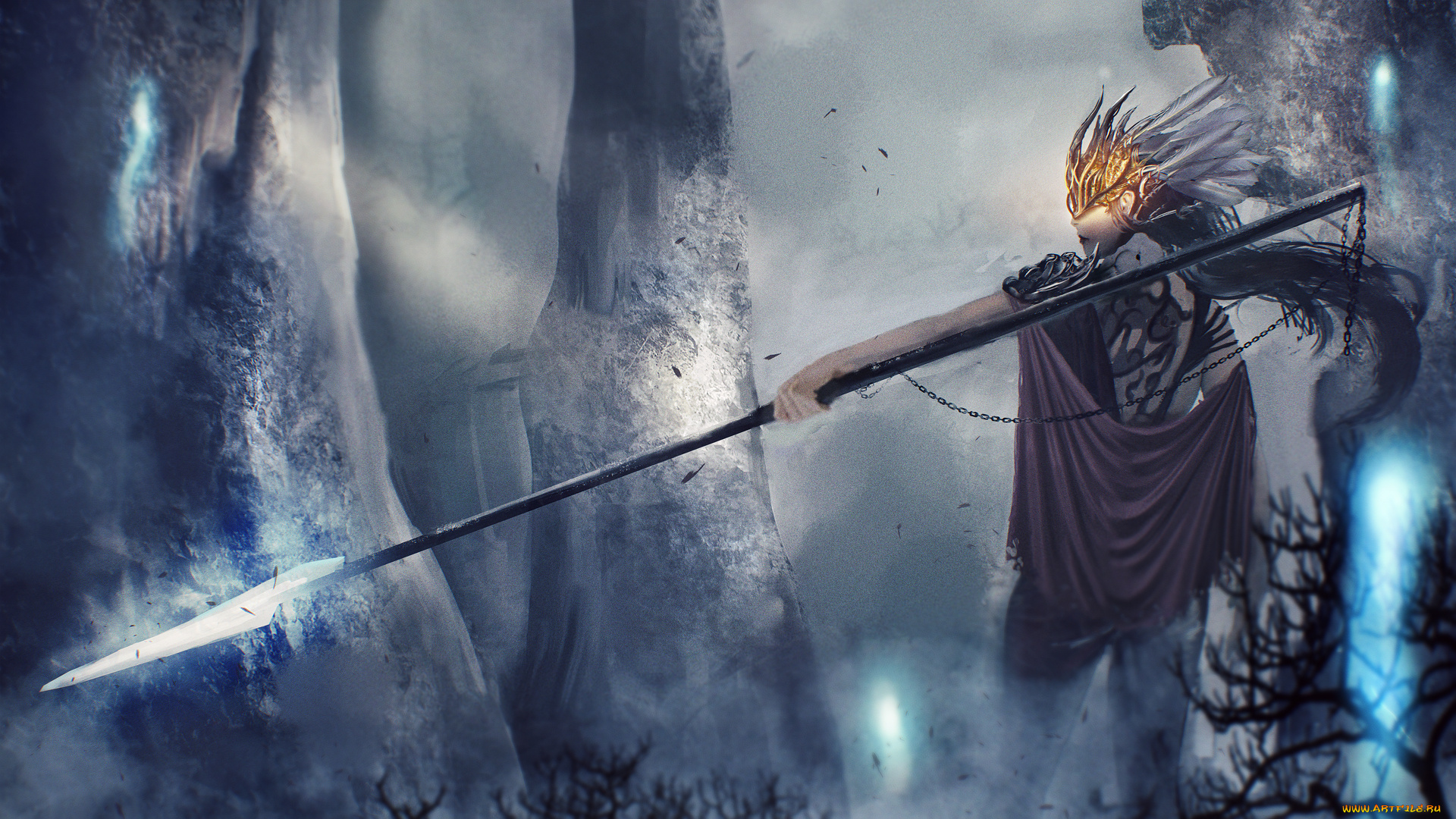 фэнтези, девушки, маска, воин, копье, арт, девушка, guardian