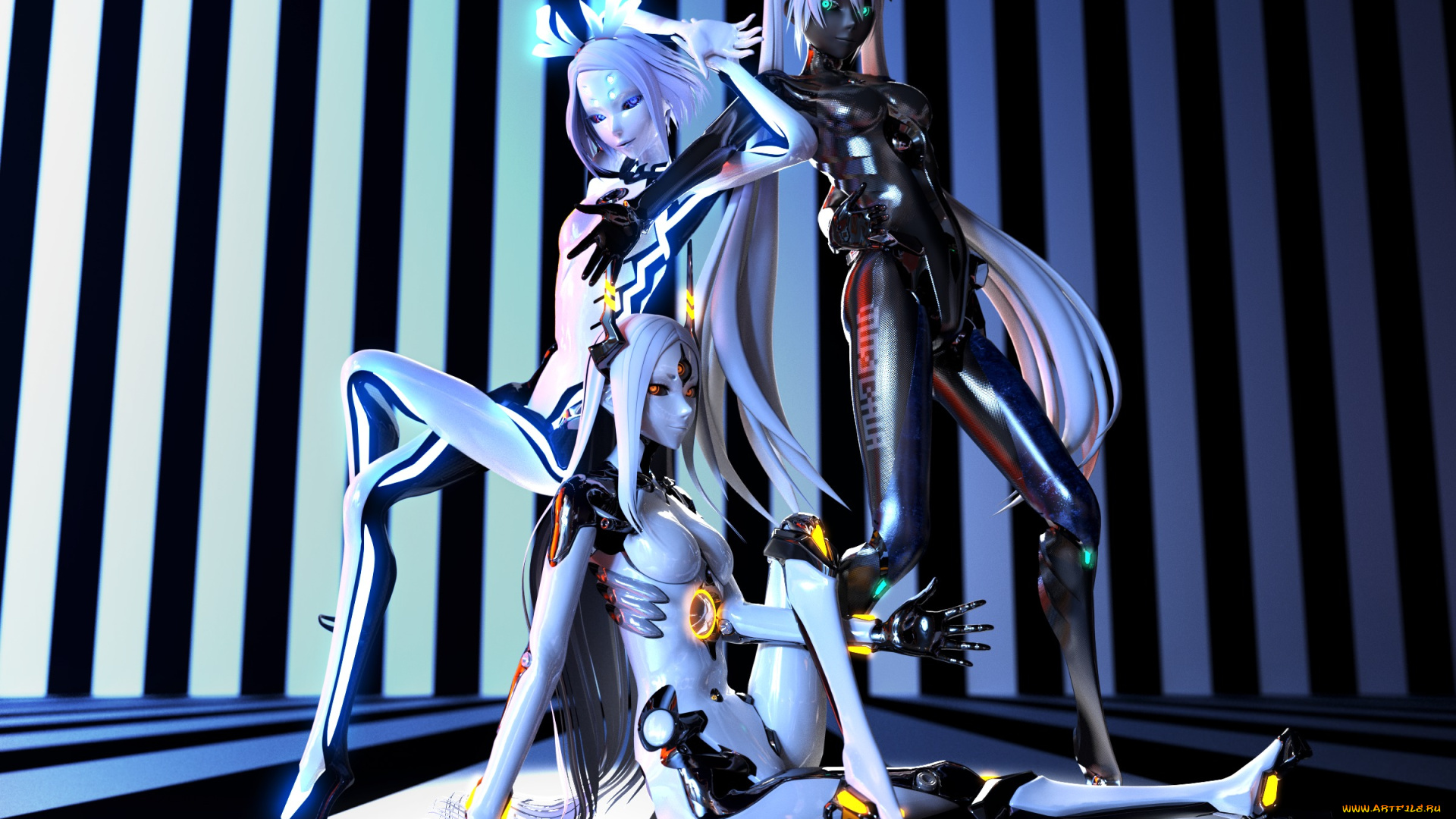 фэнтези, роботы, , киборги, , механизмы, бантик, vocaloid, вокалоид, carbon, black, miku, tri-oxygen, luka, phosphorescent, rin, девушки