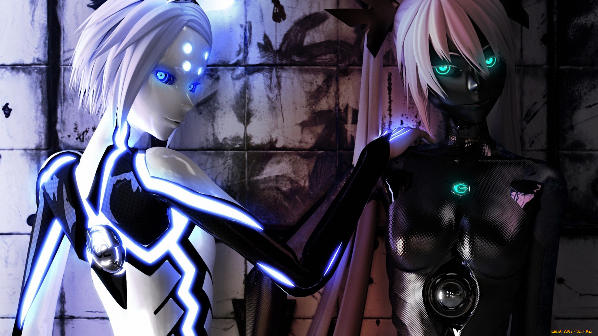фэнтези, роботы, , киборги, , механизмы, неон, андроид, робот, девушки, рендер, hatsune, miku, kagamine, rin, phosphorescent, carbon, black, арт