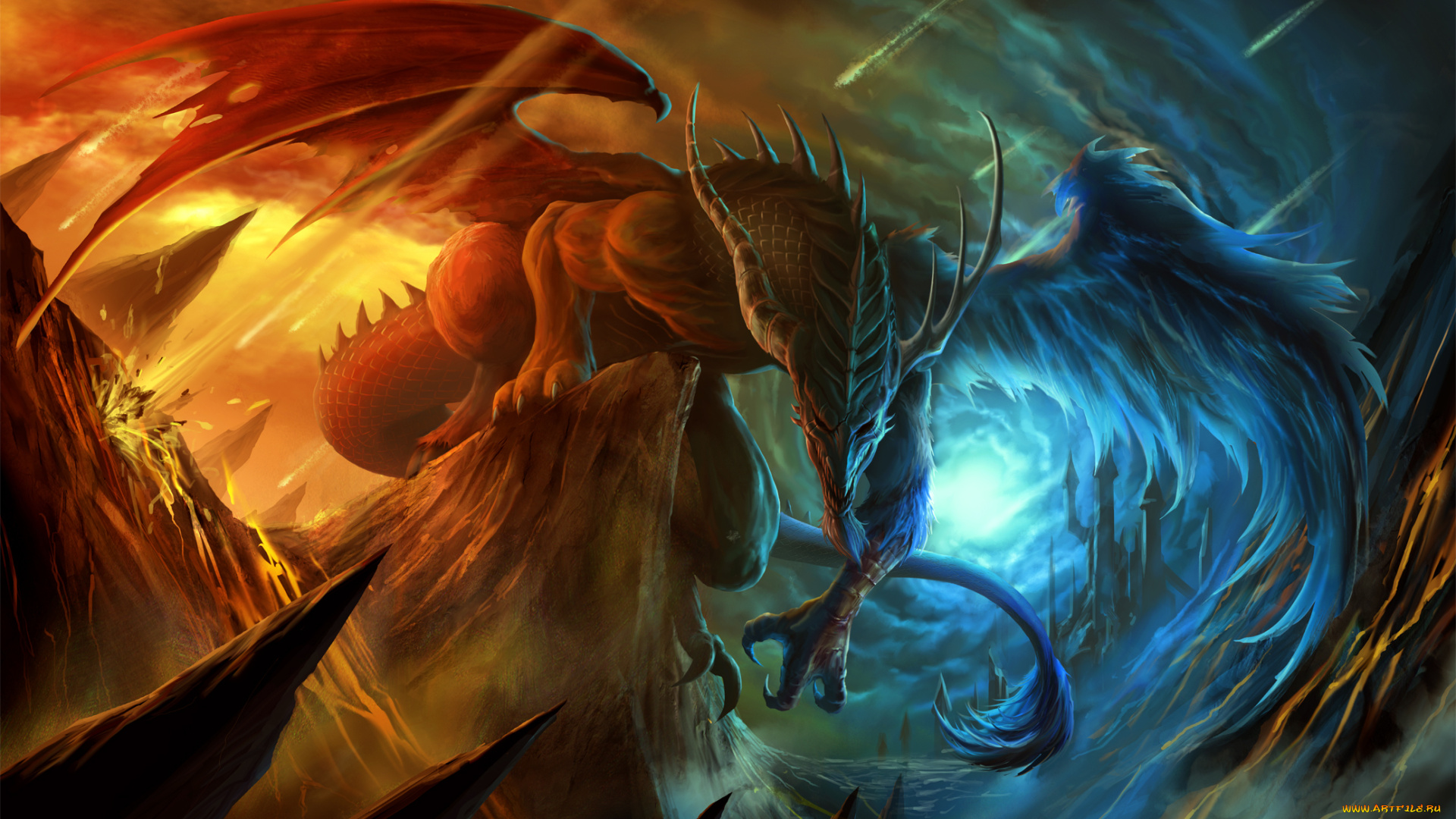 фэнтези, существа, крылья, горы, скалы, небо, облака, огонь, арт, дракон