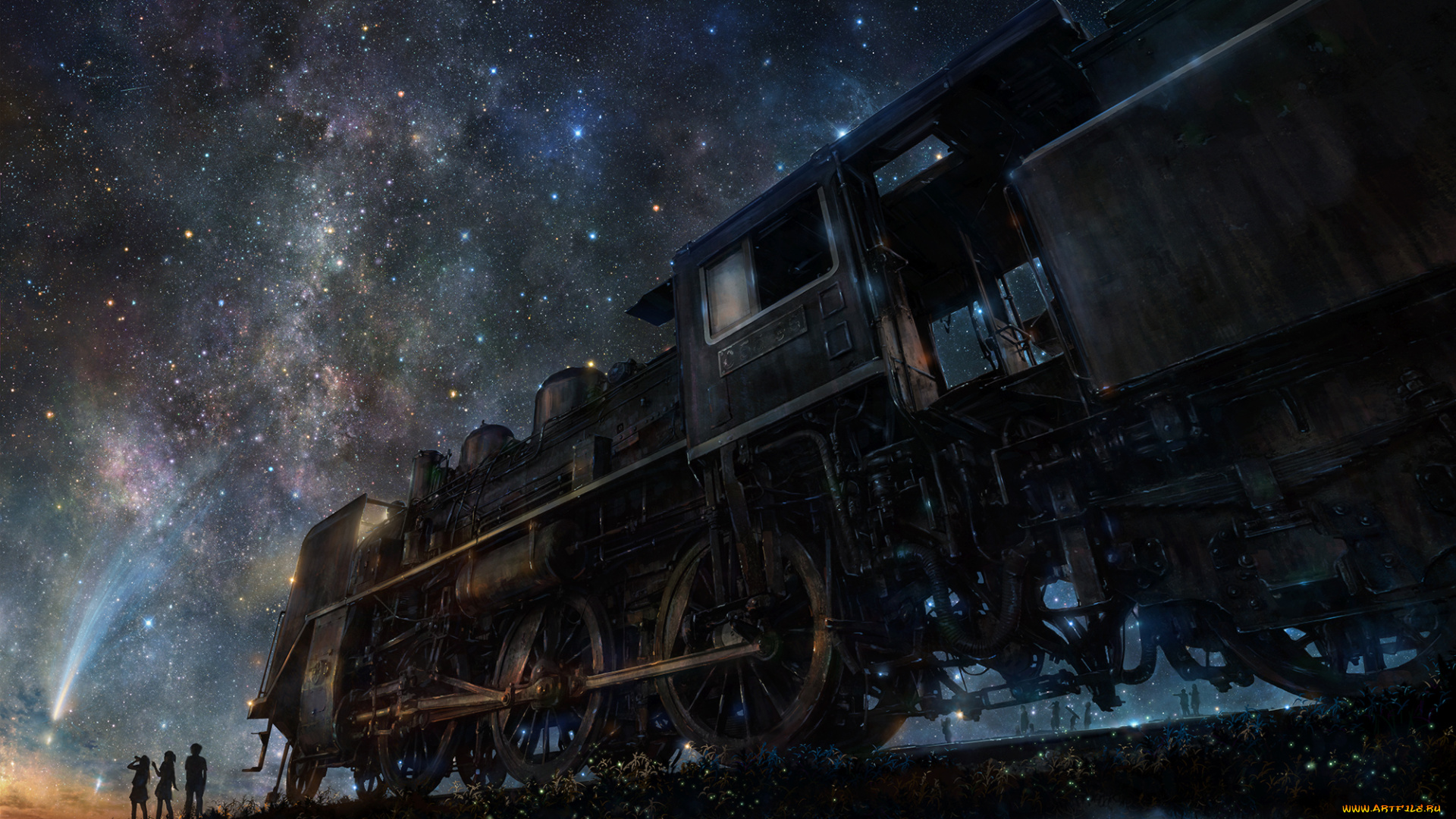фэнтези, транспортные, средства, люди, звёздное, небо, ночь, арт, силуэты, поезд, iy, tujiki, комета, девушки, парень