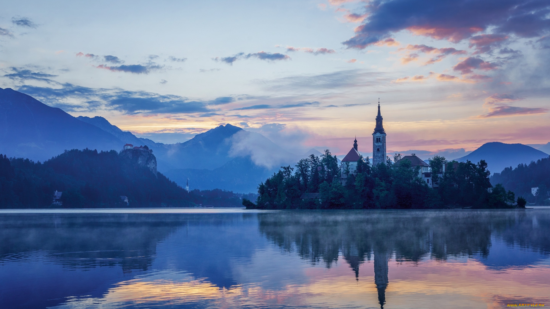 города, -, пейзажи, озеро, остров, словения, бледское, slovenia, горы, мариинская, церковь, отражение, lake, bled