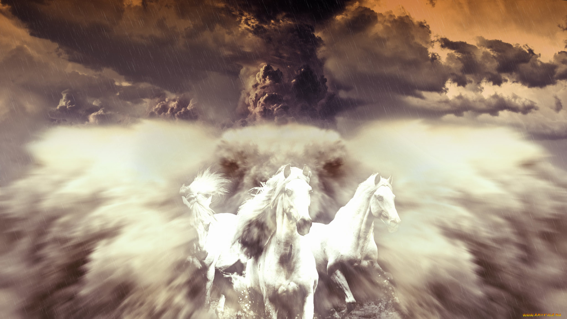 разное, компьютерный, дизайн, лошади, компьютерный, дизайн, тучи, дождь
