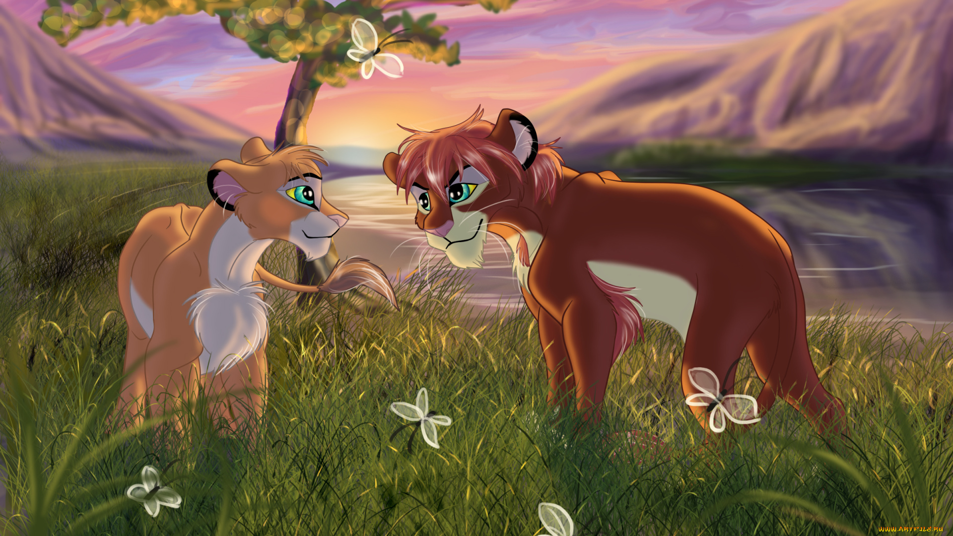 рисованное, животные, , львы, река, львы, луг