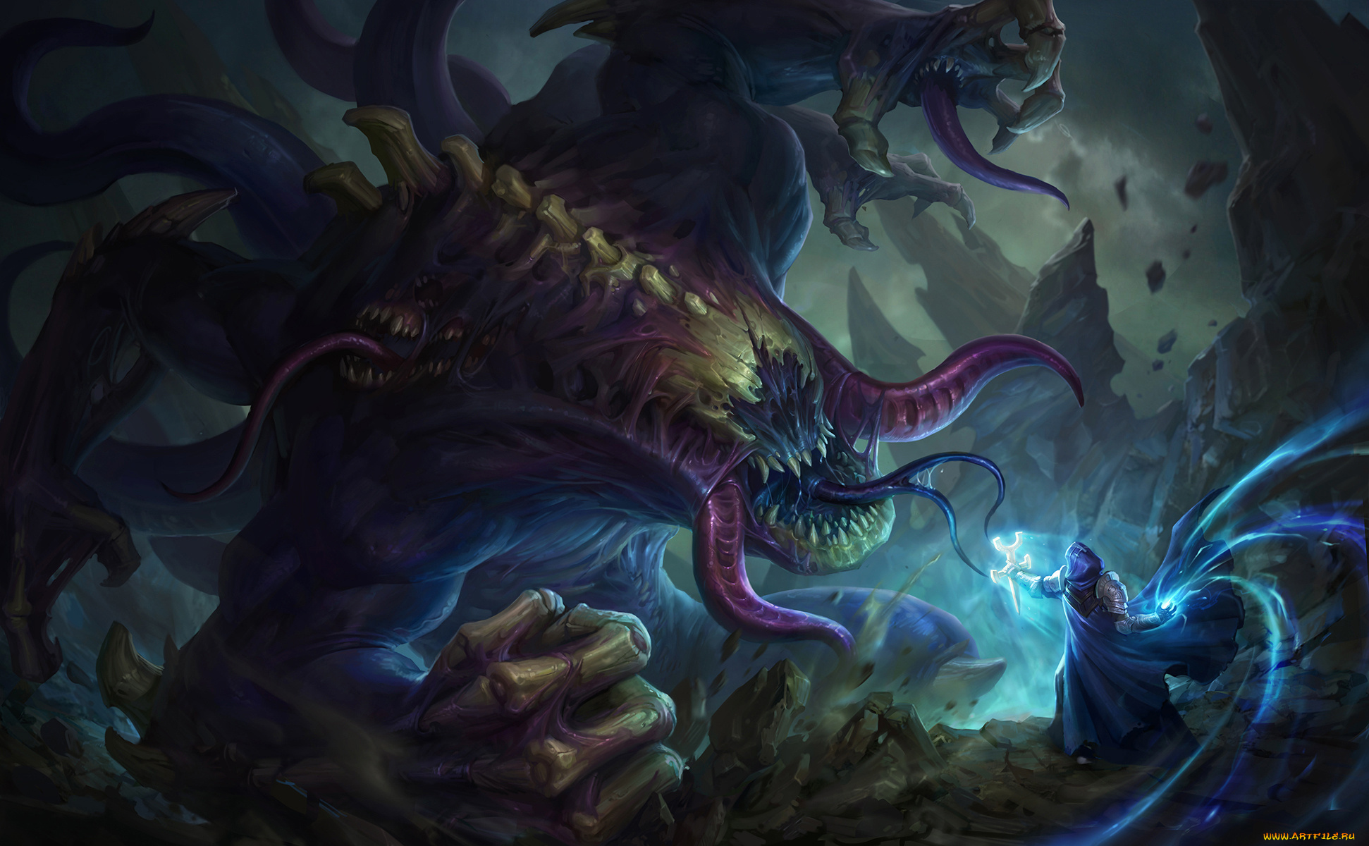 фэнтези, существа, бой, монстр, маг, демон, чудовище, зло, арт