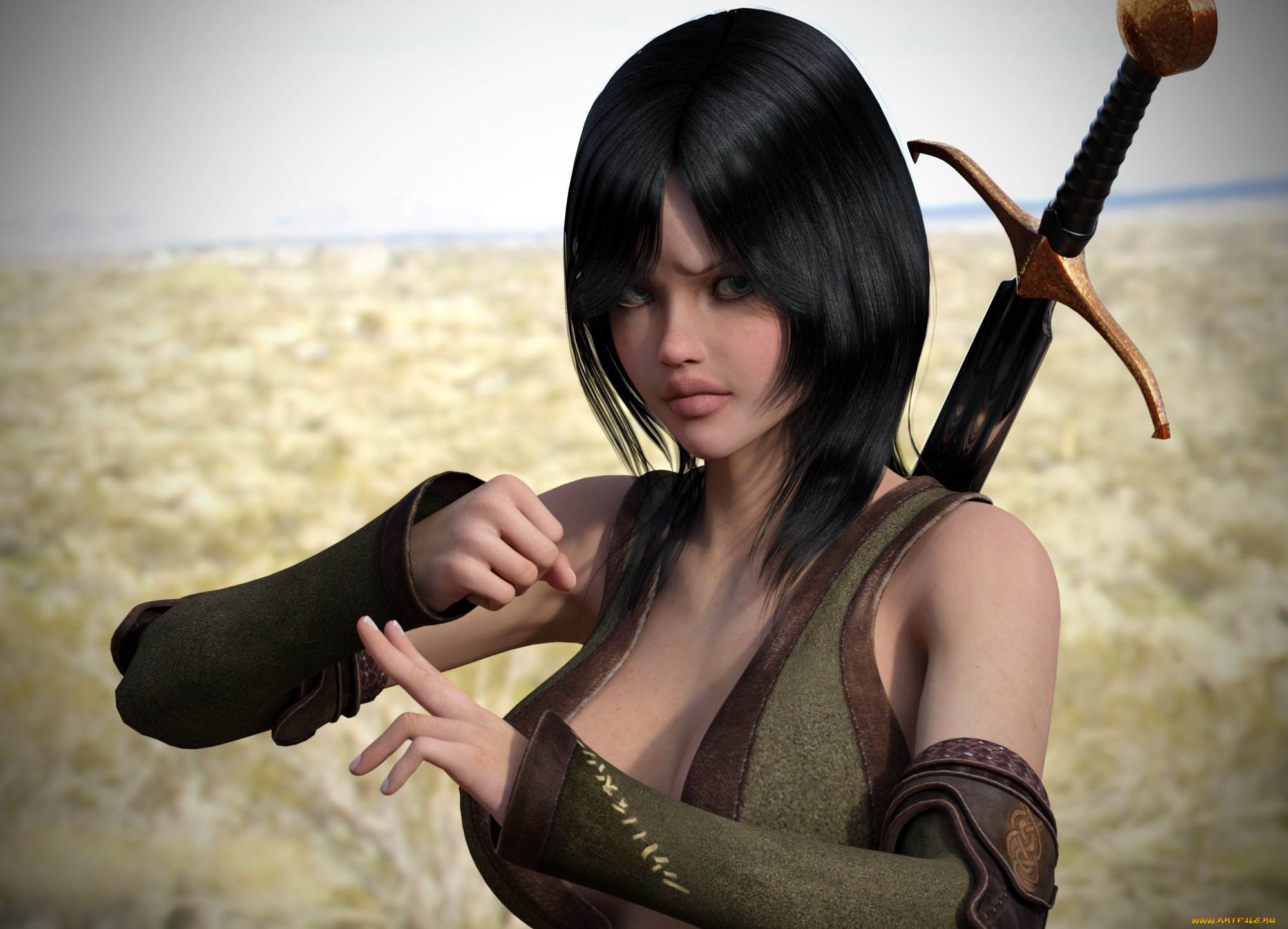 3д, графика, фантазия, , fantasy, взгляд, фон, девушка, поза, оружие