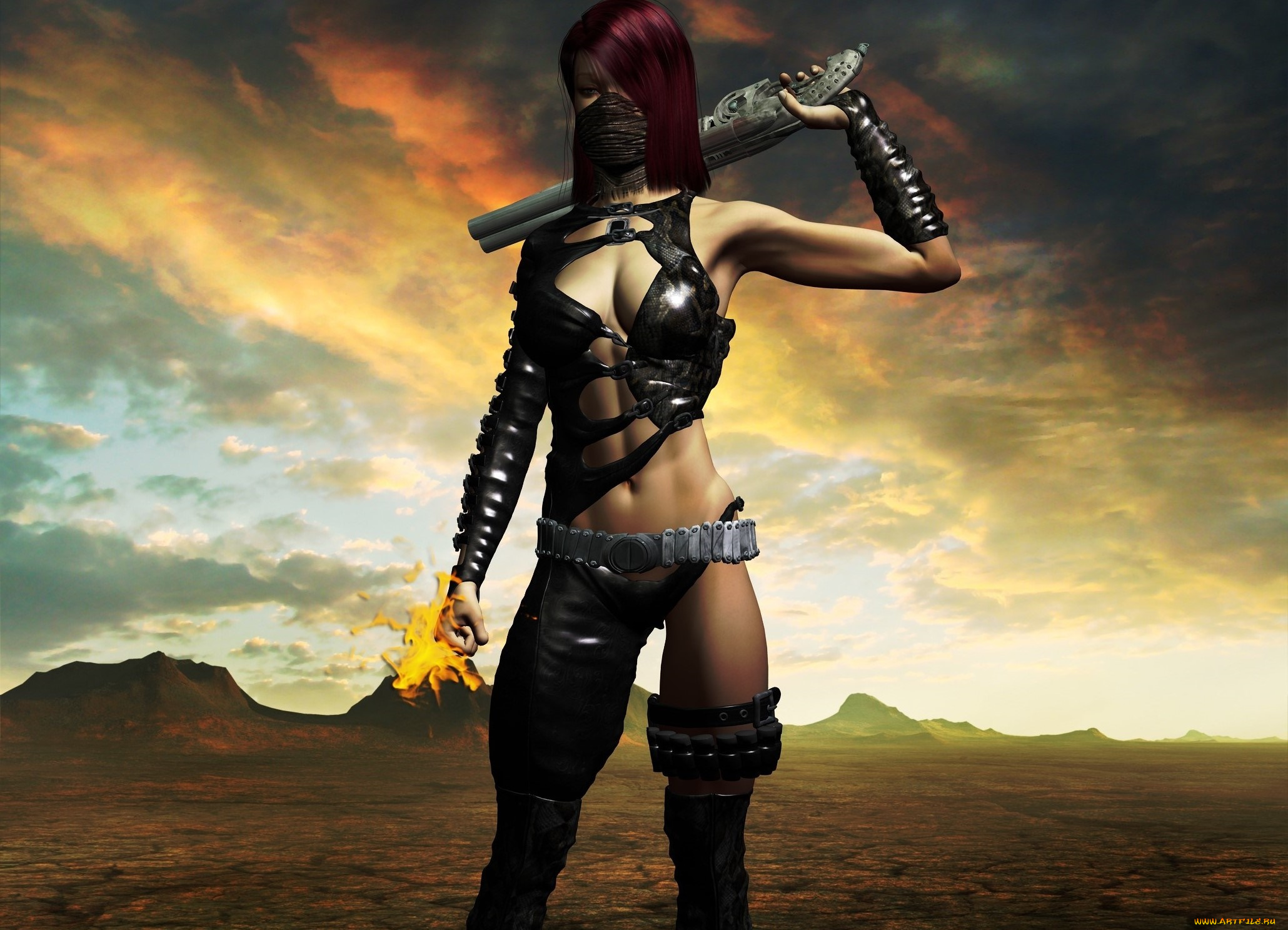 3д, графика, фантазия, , fantasy, взгляд, фон, оружие, девушка