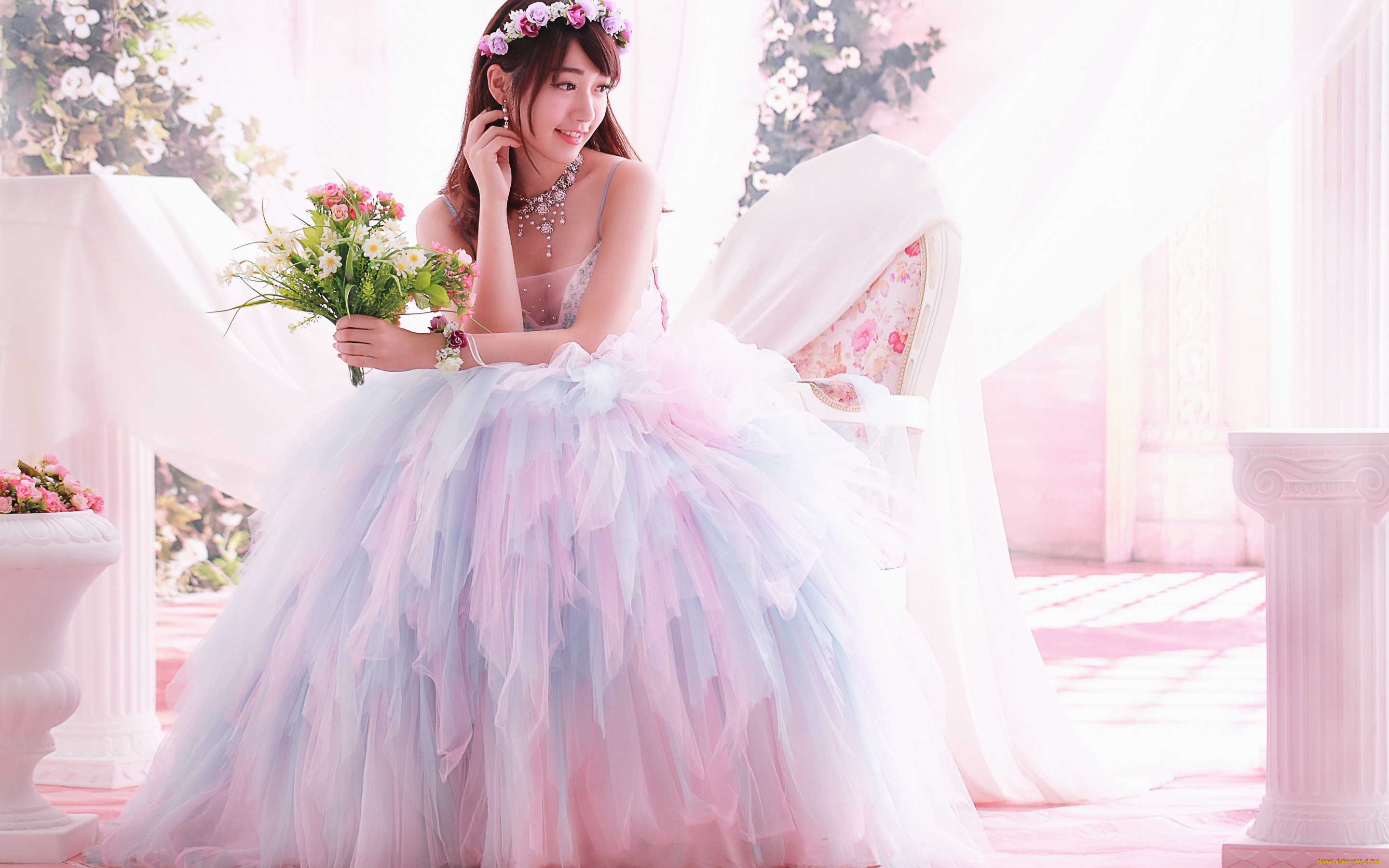 девушки, -unsort, , азиатки, букет, украшения, ожерелье, платье, свадьба, азиатка, невеста, девушка, цветы