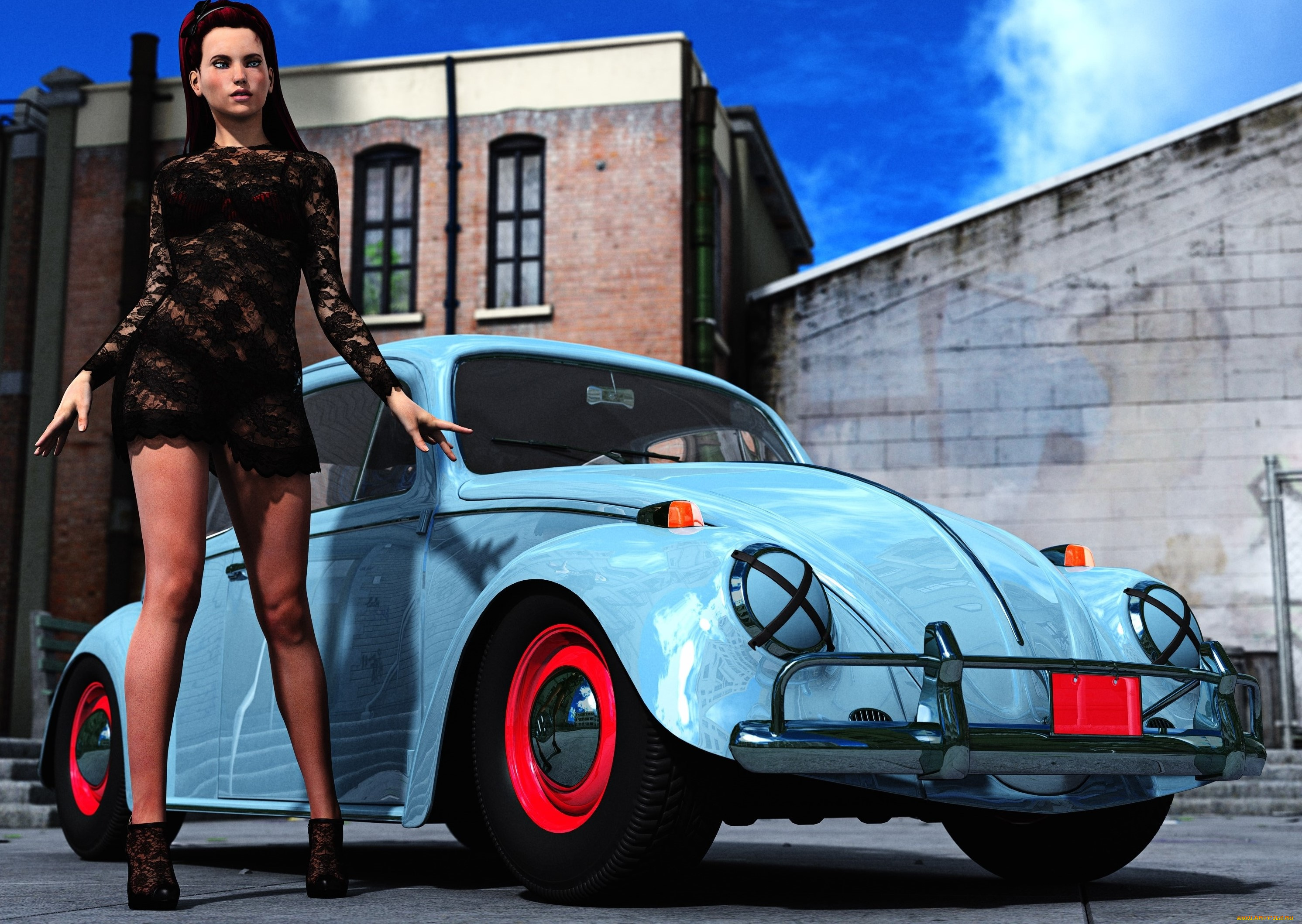 автомобили, 3d, car&girl, девушка, фон, автомобиль, взгляд