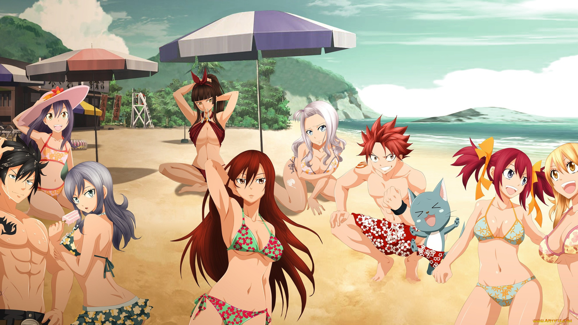 аниме, fairy, tail, manga, japanese, bikini, natsu, erza, lucy, oppai, fairy, tail, beach, anime, by, mimisempai