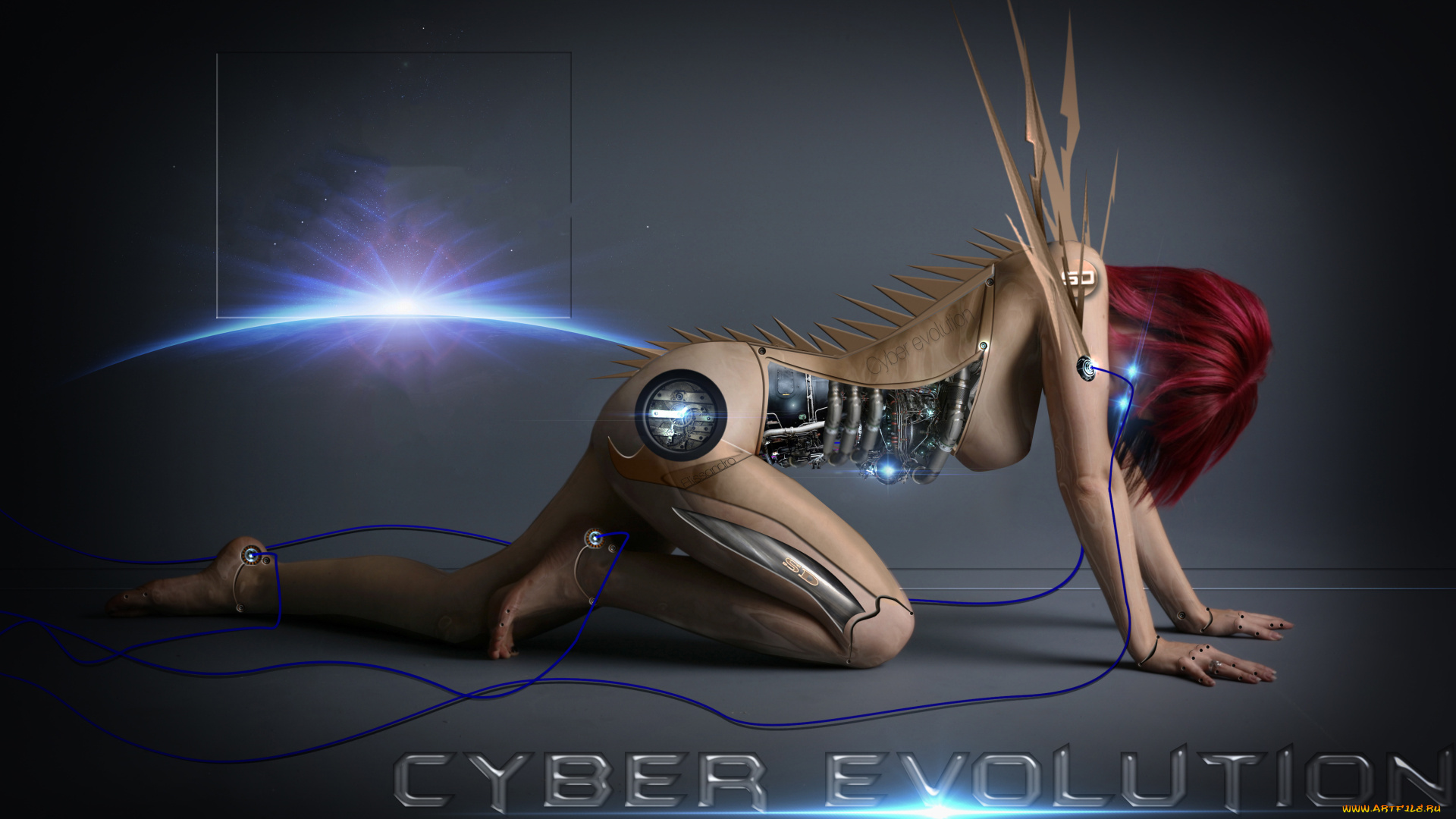 фэнтези, роботы, , киборги, , механизмы, провода, фон, девушка