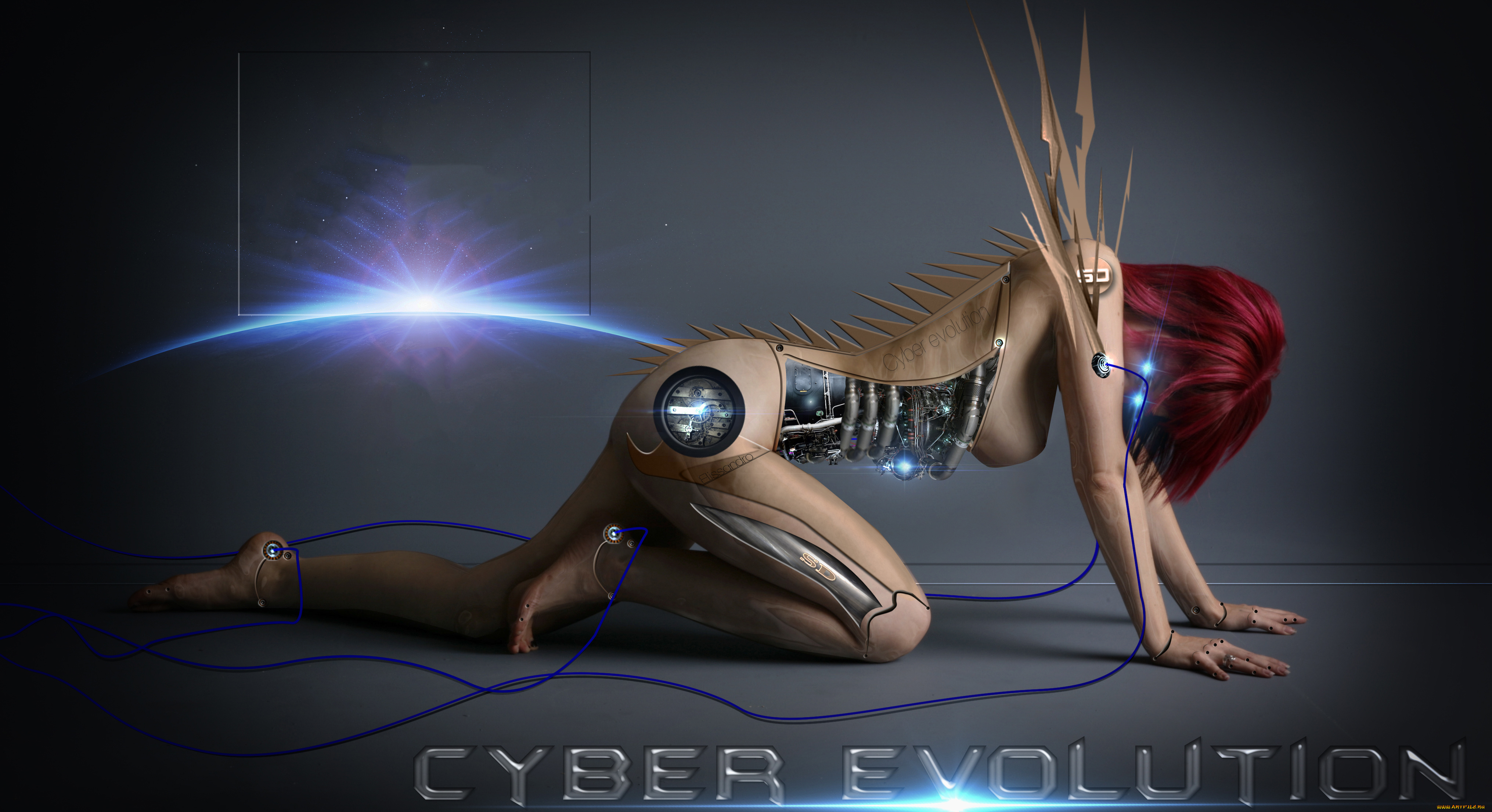 фэнтези, роботы, , киборги, , механизмы, провода, фон, девушка