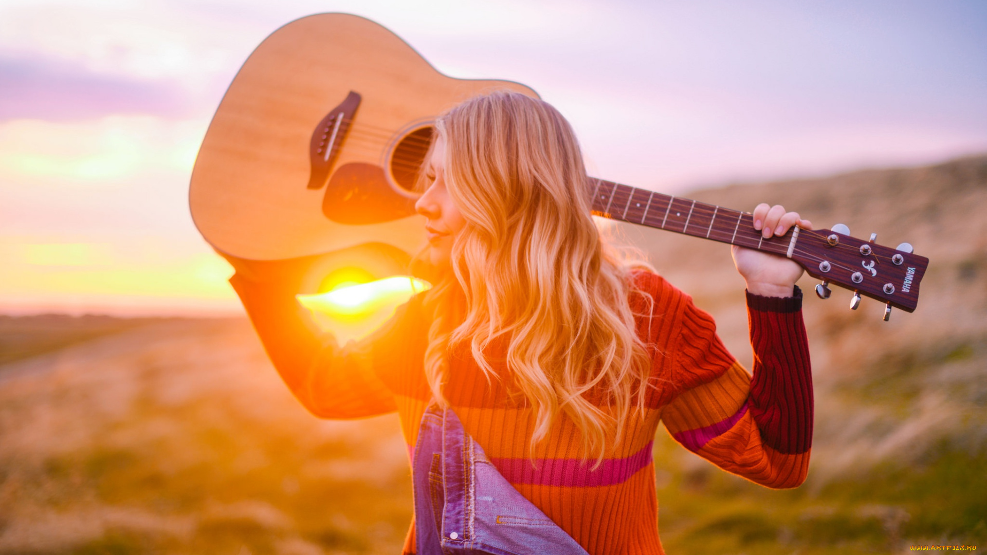 музыка, -другое, закат, гитара, блондинка