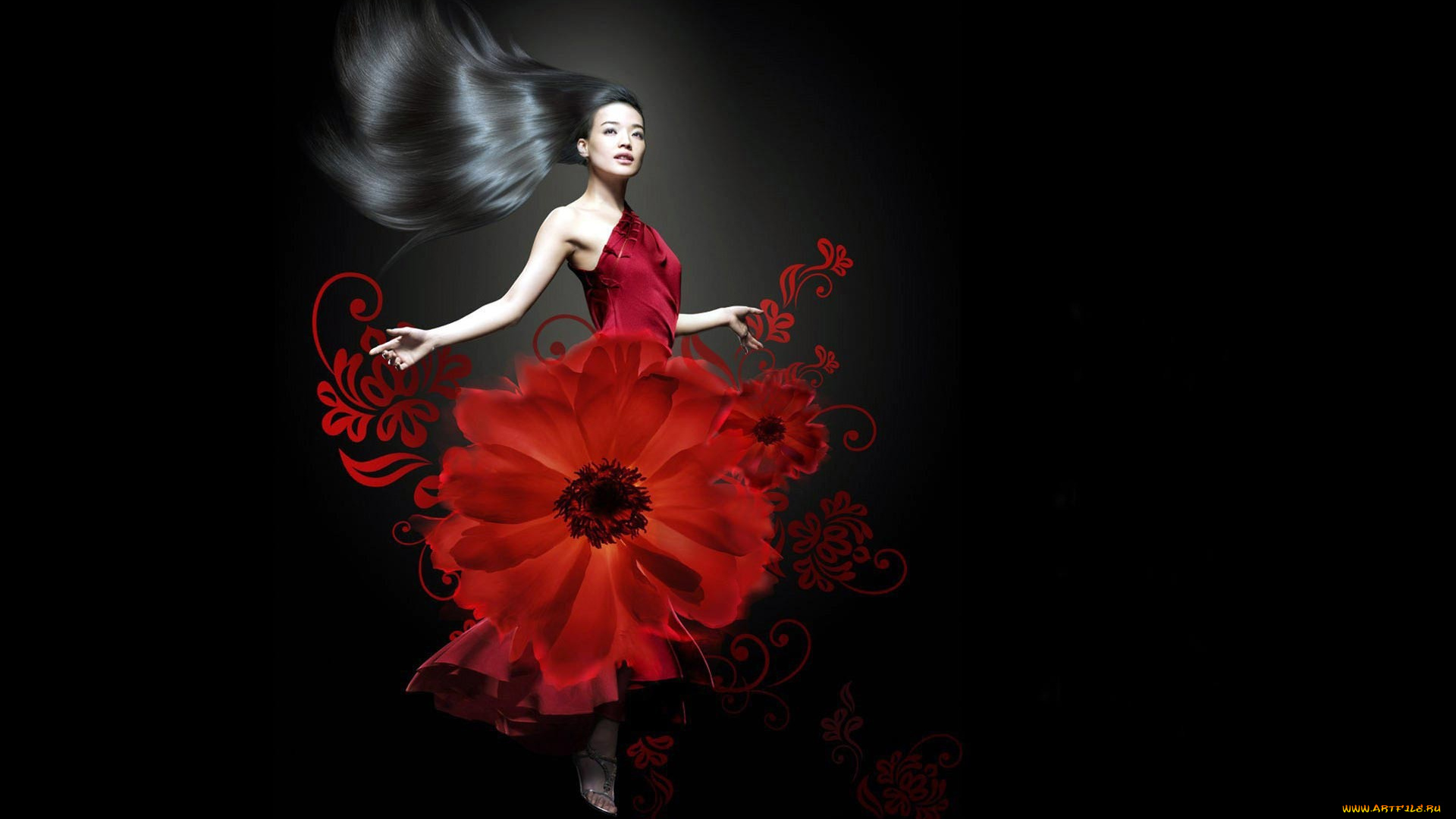 девушки, -, креатив, , косплей, брюнетка, цветы