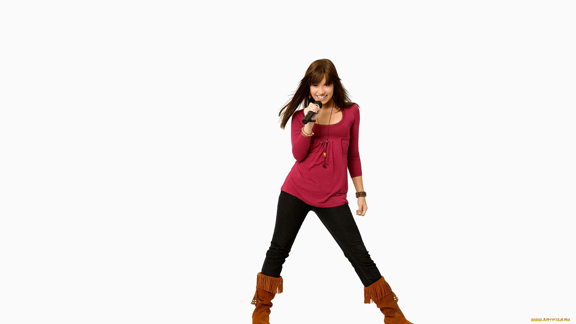девушки, demi, lovato, шатенка, микрофон, туника, штаны, сапоги