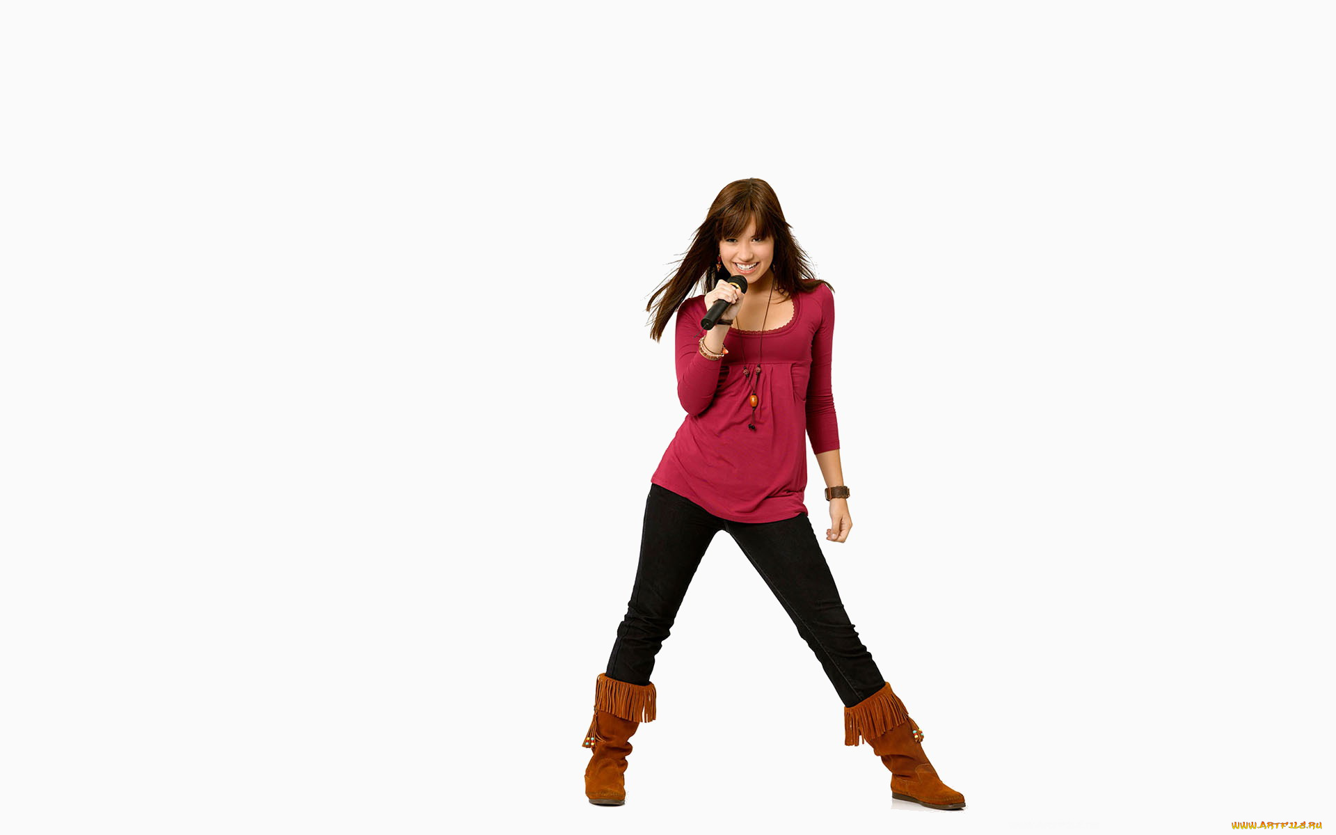 девушки, demi, lovato, шатенка, микрофон, туника, штаны, сапоги