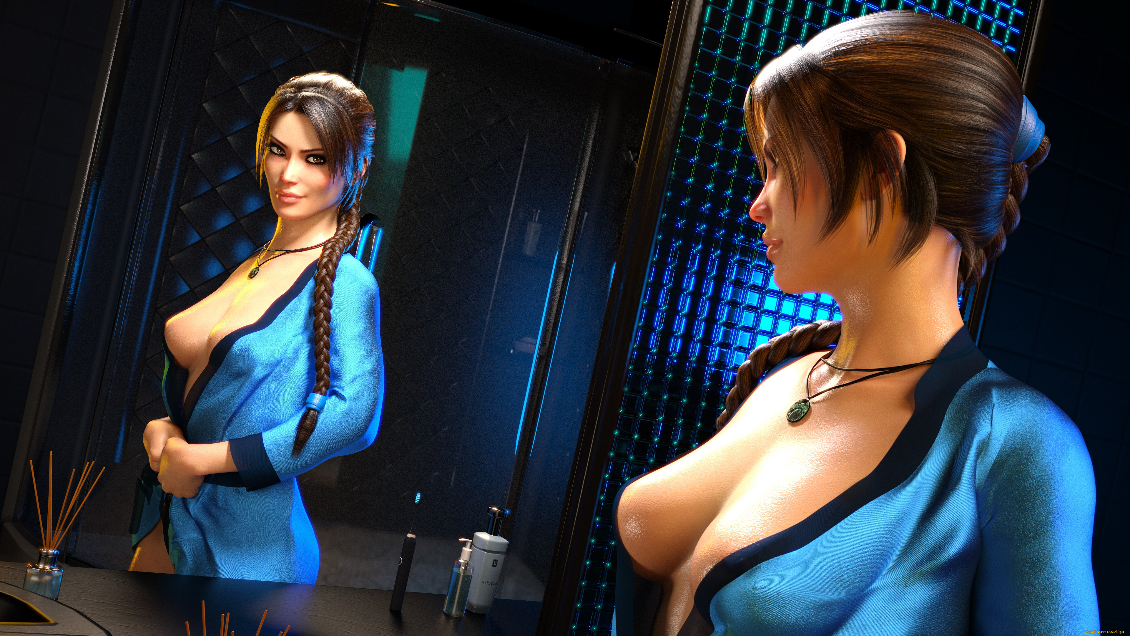 видео, игры, tomb, raider, , other, девушка, фон, взгляд, коса, улыбка, зеркало