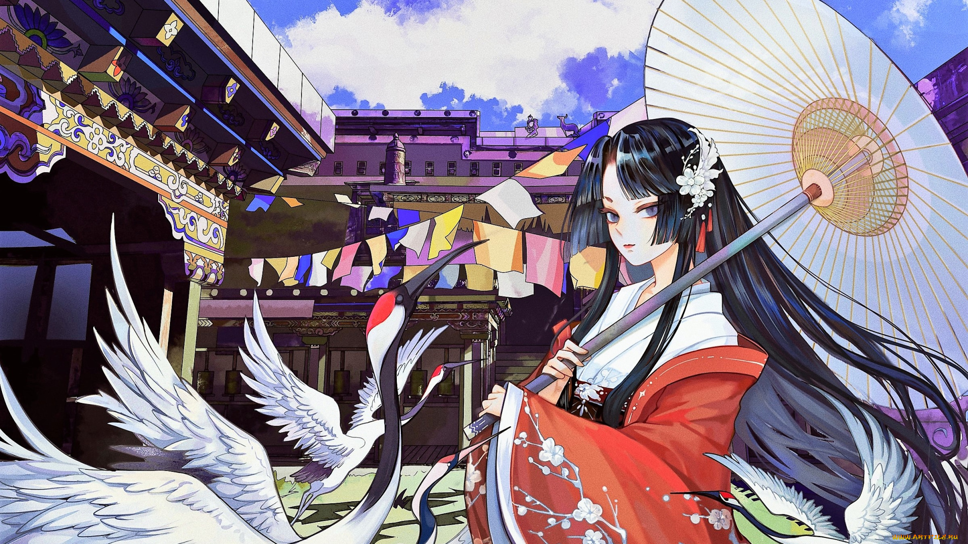 аниме, pixiv, fantasia, девушка, зонт, журавли, город