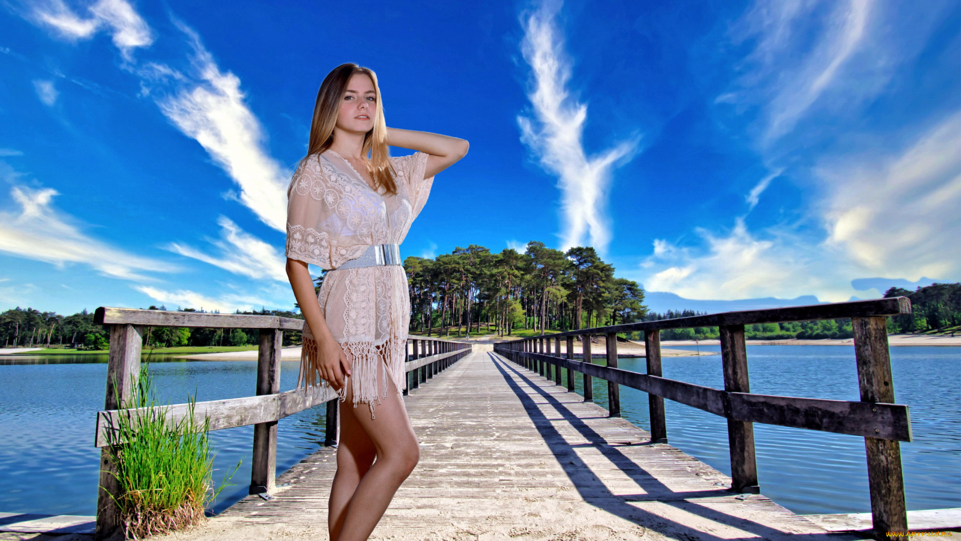 девушки, dakota, pink, мост, блондинка