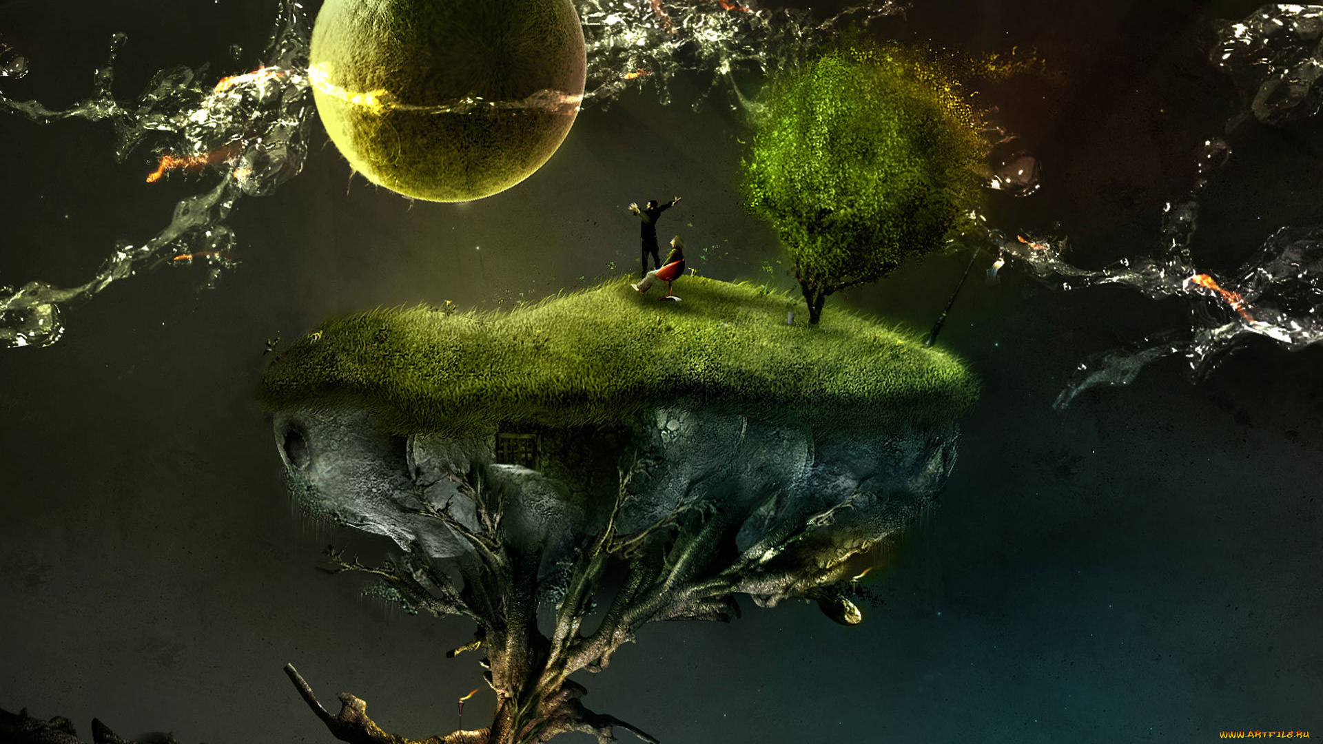 разное, компьютерный, дизайн, планеты, остров, люди, дерево, корни