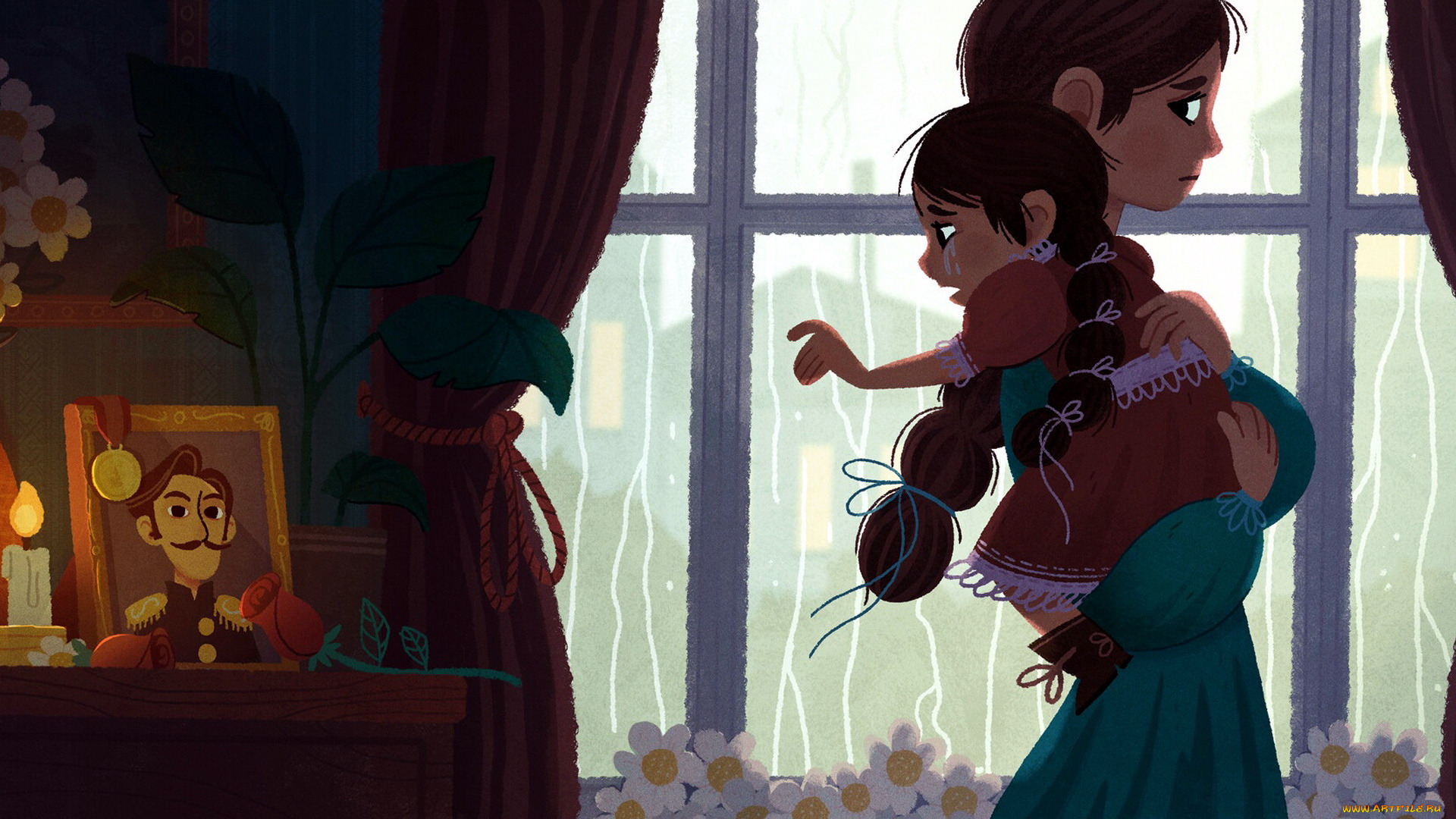 рисованное, люди, мама, дочь, окно, слезы, портрет, свеча