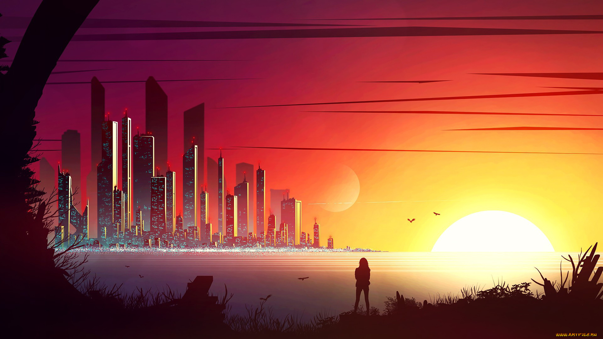 векторная, графика, город, , city, здания, небоскреб, город, минималист, минимализм, закат