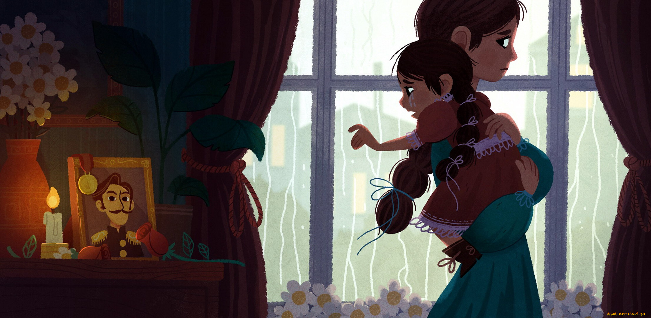 рисованное, люди, мама, дочь, окно, слезы, портрет, свеча