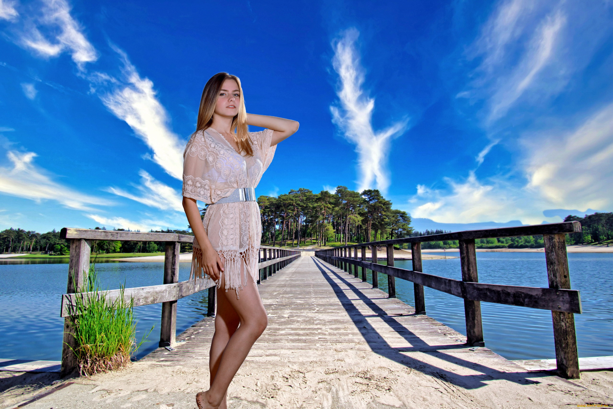 девушки, dakota, pink, мост, блондинка