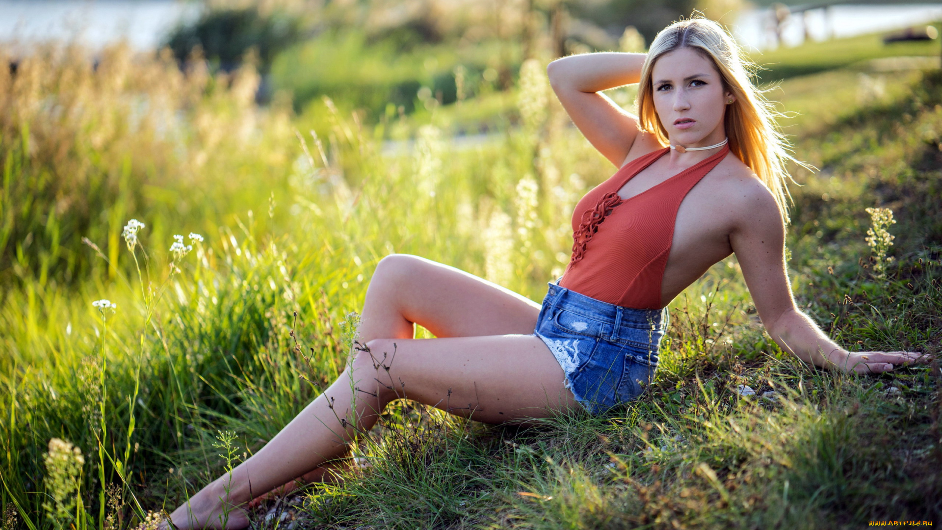 девушки, -, рыжеволосые, и, разноцветные, трава, шорты, топ