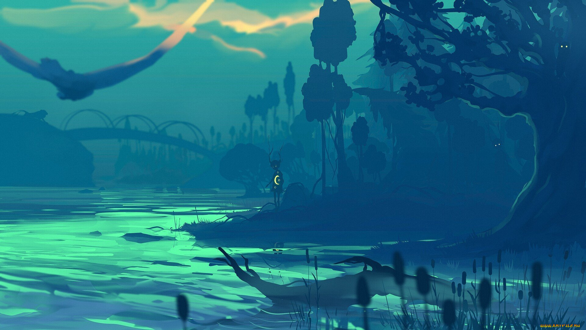 фэнтези, существа, ребенок, деревья, река, мост