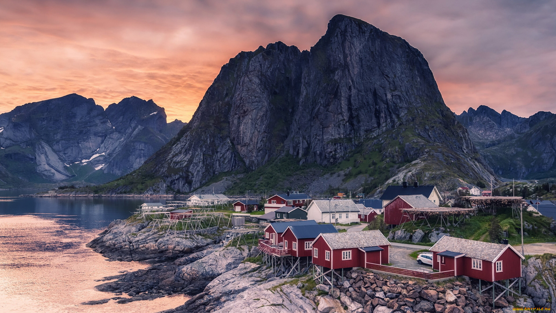 города, лофотенские, острова, , норвегия, горы, фьорд, дома