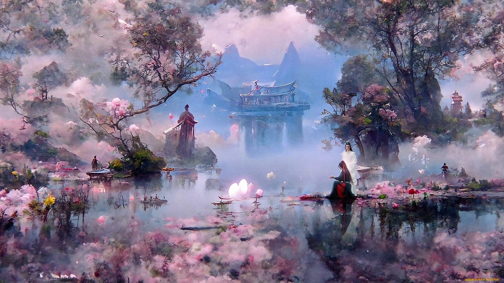 рисованное, кино, , мультфильмы, вэй, усянь, лань, ванцзи, озеро, цветение, постройки