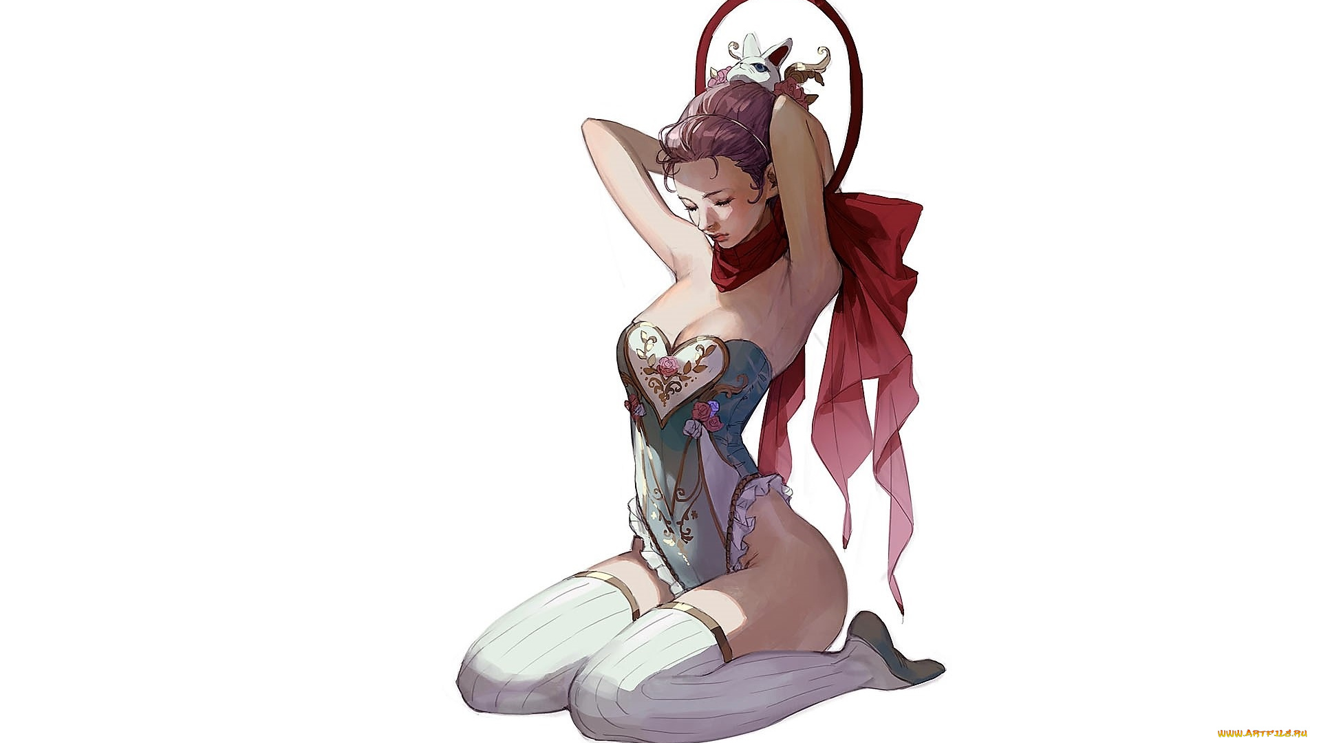 рисованное, люди, девушка, боди, бант, чулки