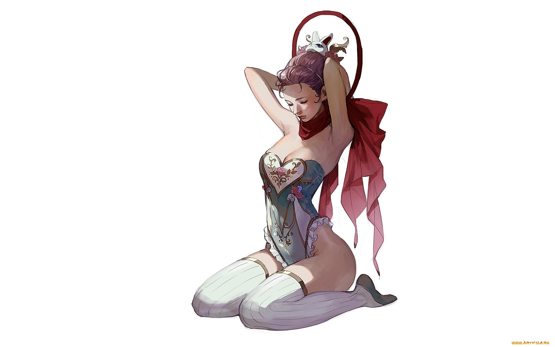 рисованное, люди, девушка, боди, бант, чулки