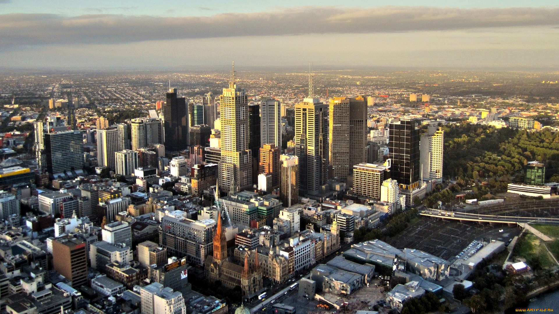 города, мельбурн, , австралия, панорама, дома, здания, облака