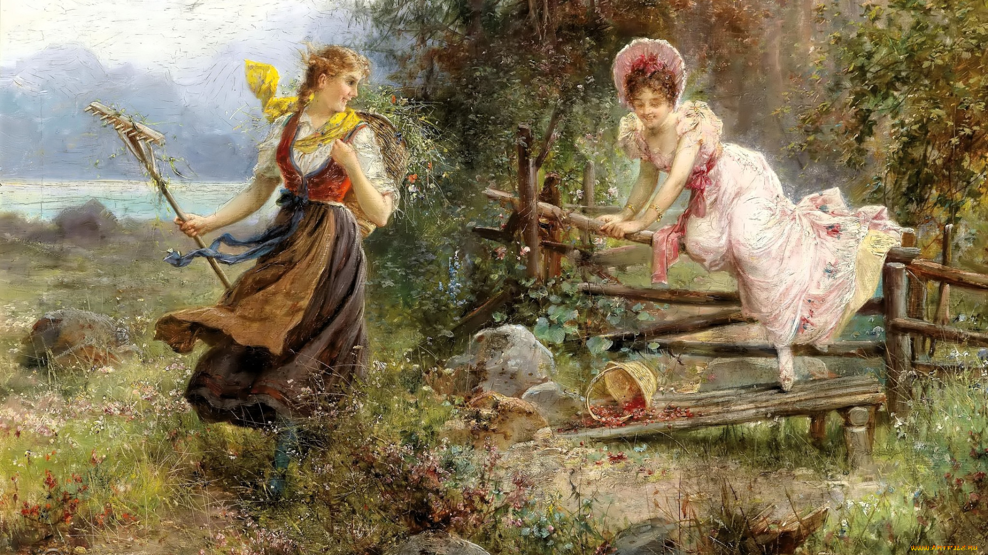 рисованное, hans, zatzka, женщины, перелаз, корзина, грабли, озеро