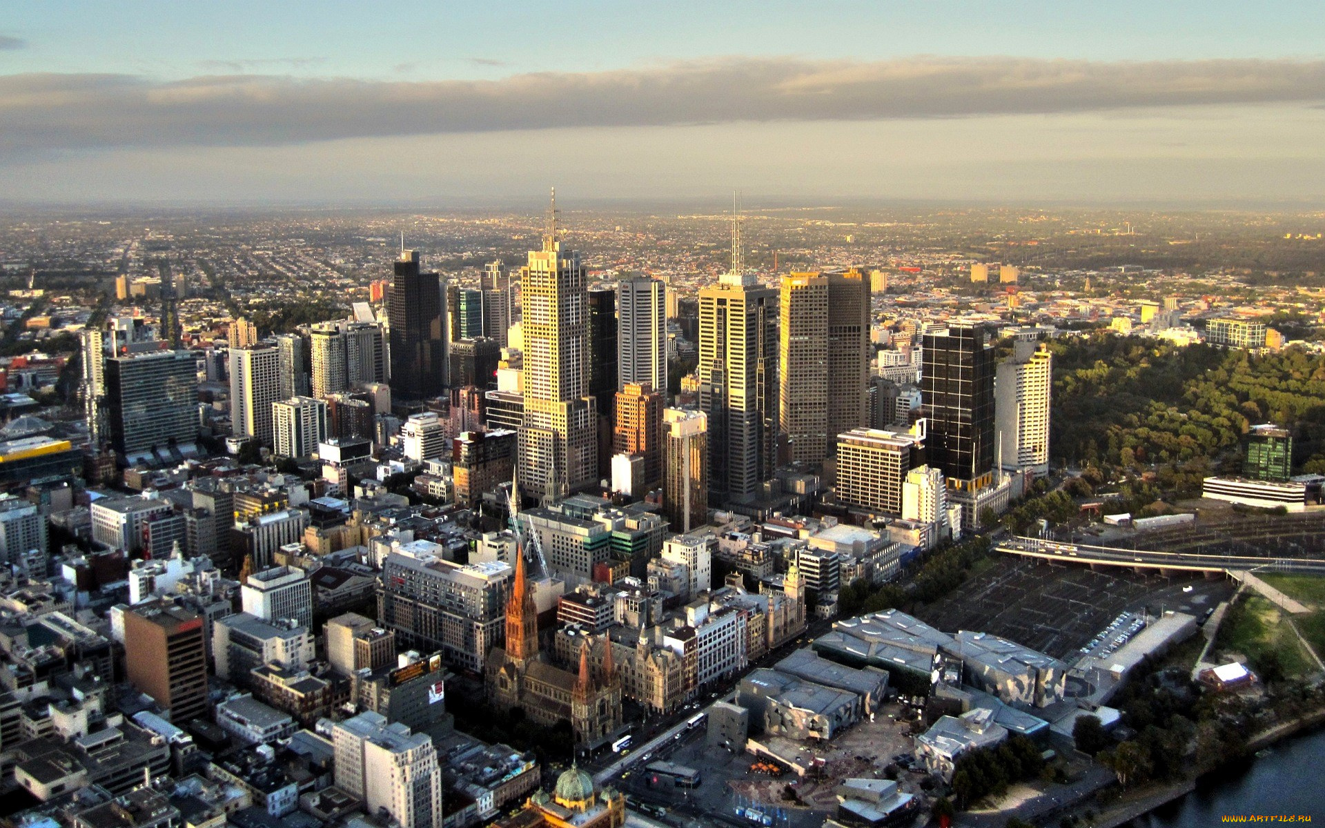 города, мельбурн, , австралия, панорама, дома, здания, облака