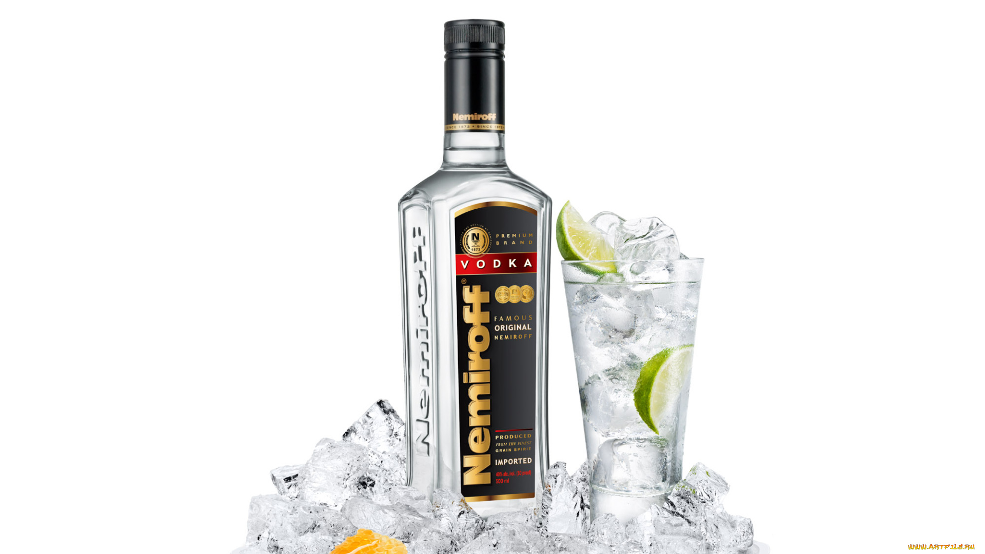 бренды, nemiroff, лайм, тмин, лед, стакан, мед, водка, бутылка
